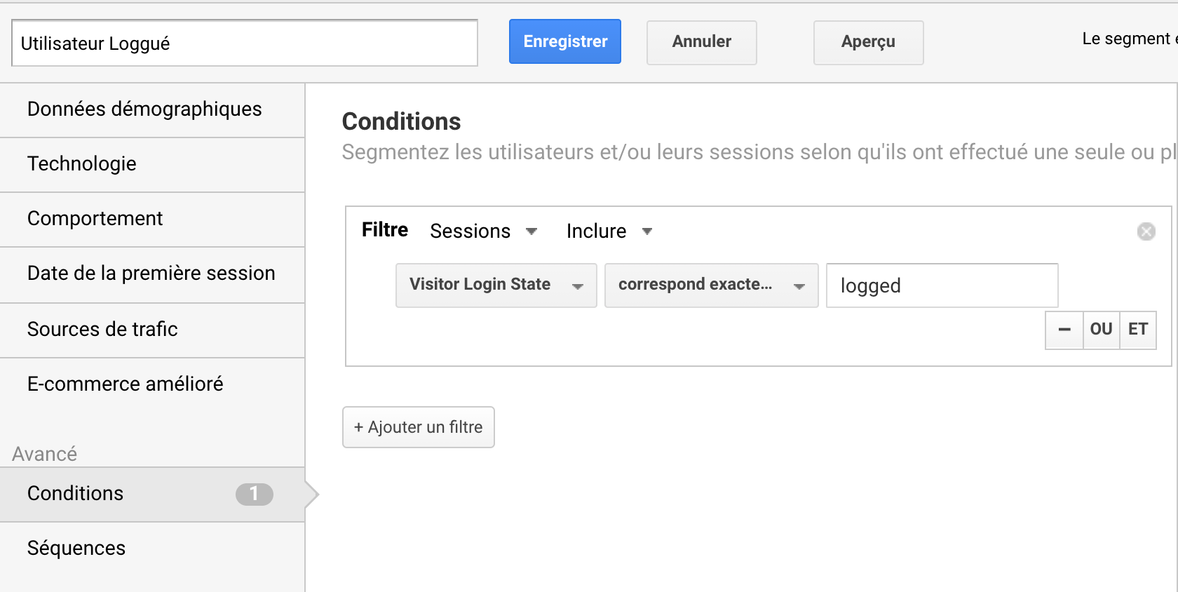 Segment Google Analytics des utilisateurs loggués