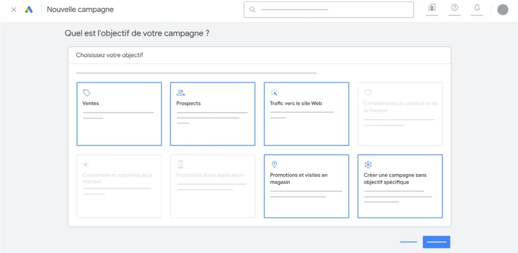 Interface objectifs de campagne Performance Max Google Ads