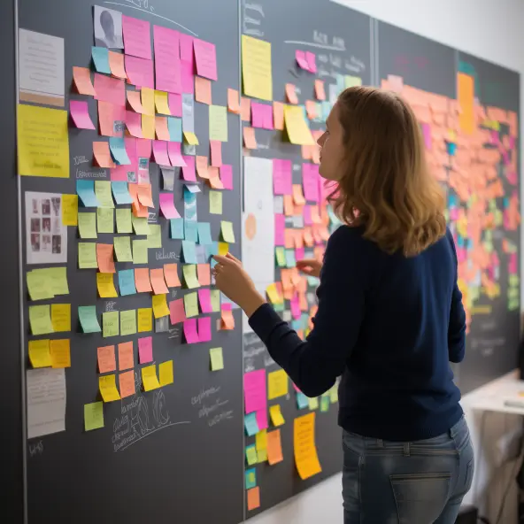 image employée qui regarde des post-it sur un tableau collaboratif pendant un atelier ux