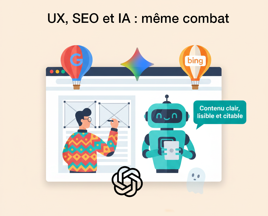 UX SEO et IA, même combat. Un humain et un robot lisent une page web.